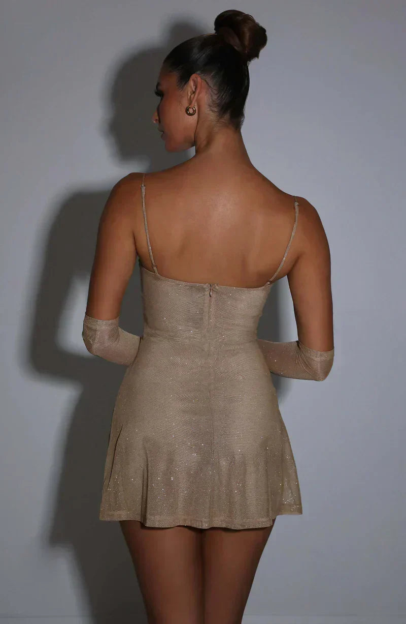 Glitzerndes Partykleid Damen Mini mit Handschuhen