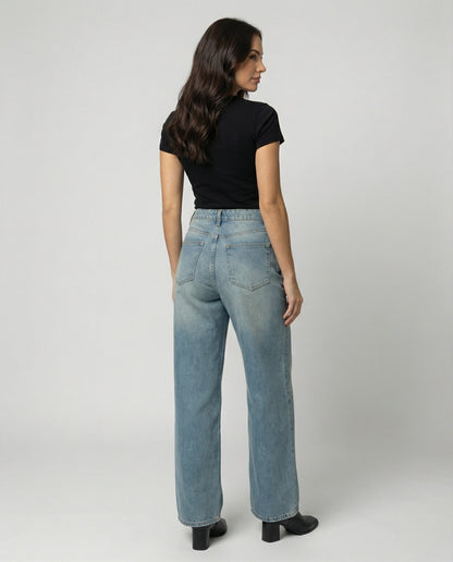 Damen Jeans Blau Katzenmuster Weites Bein