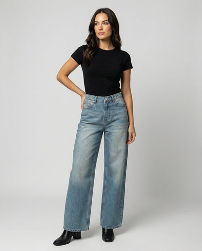 Damen Jeans Blau Katzenmuster Weites Bein