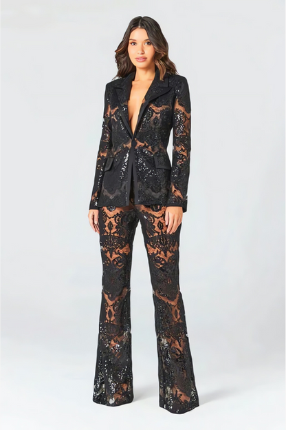 Damen Pailletten Anzug Set Glitzernd Schwarz - Norvielle