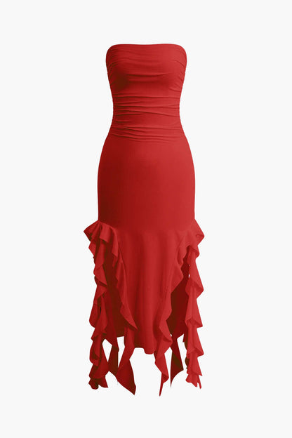 Damen Maxikleid Volant Rüschen Eleganz