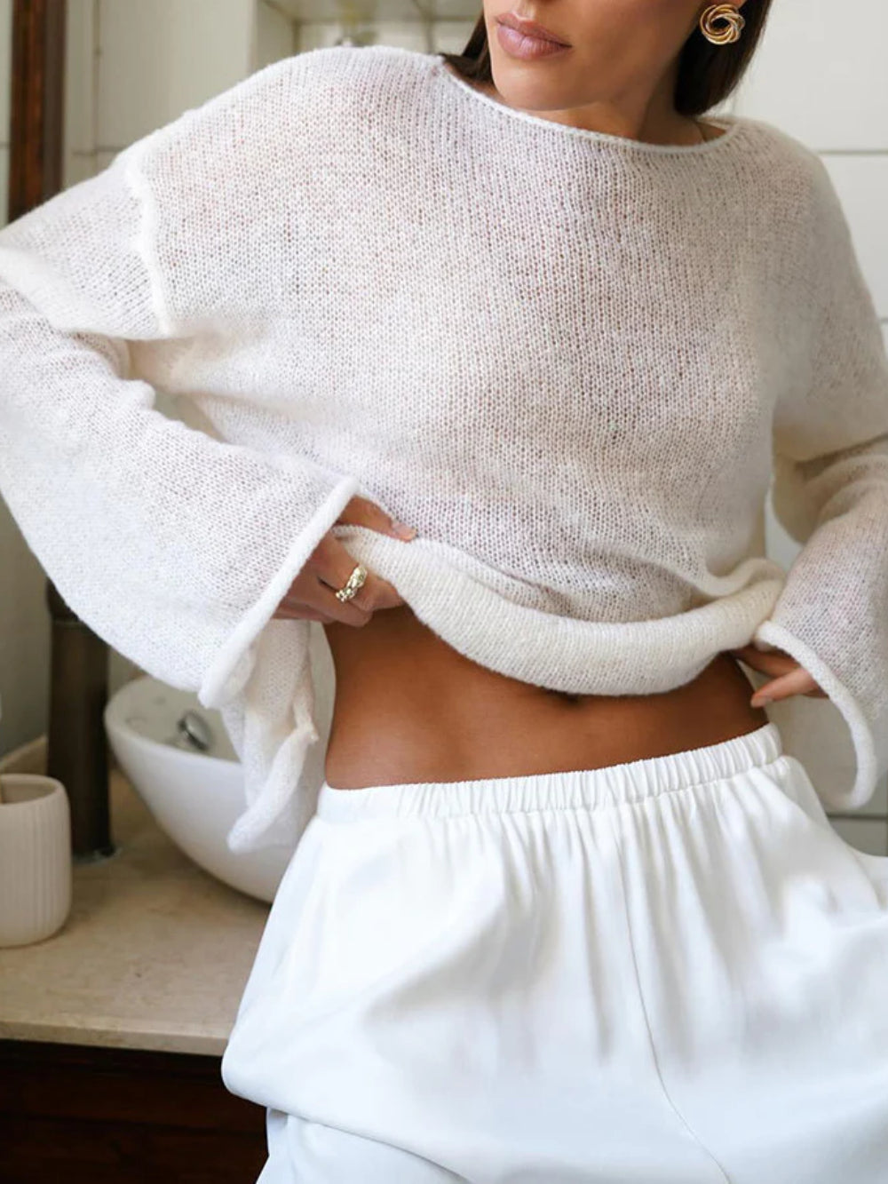 Damen Strickpullover Oversize Luftig Weite Ärmel Beige - Norvielle