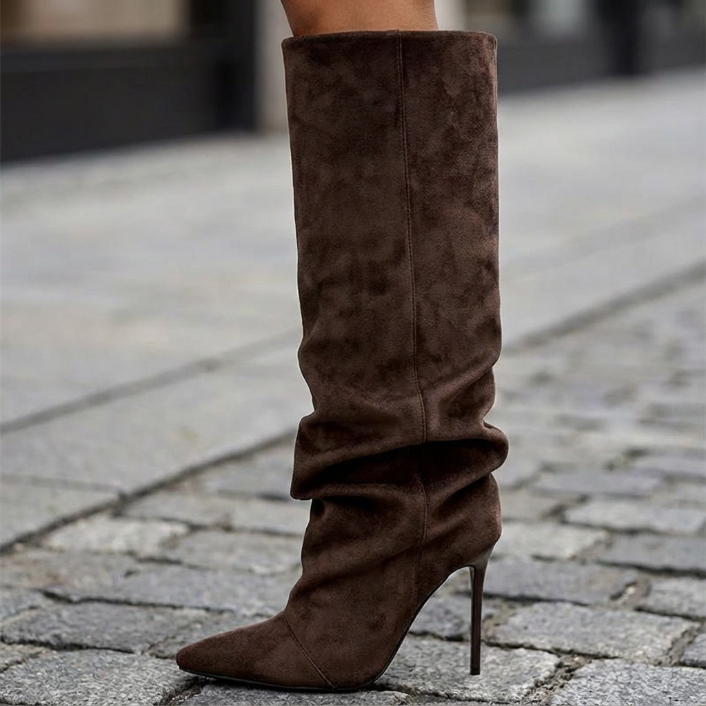 Damen Stiefel Stilettoabsatz Wildleder Schmal Schwarz - Norvielle