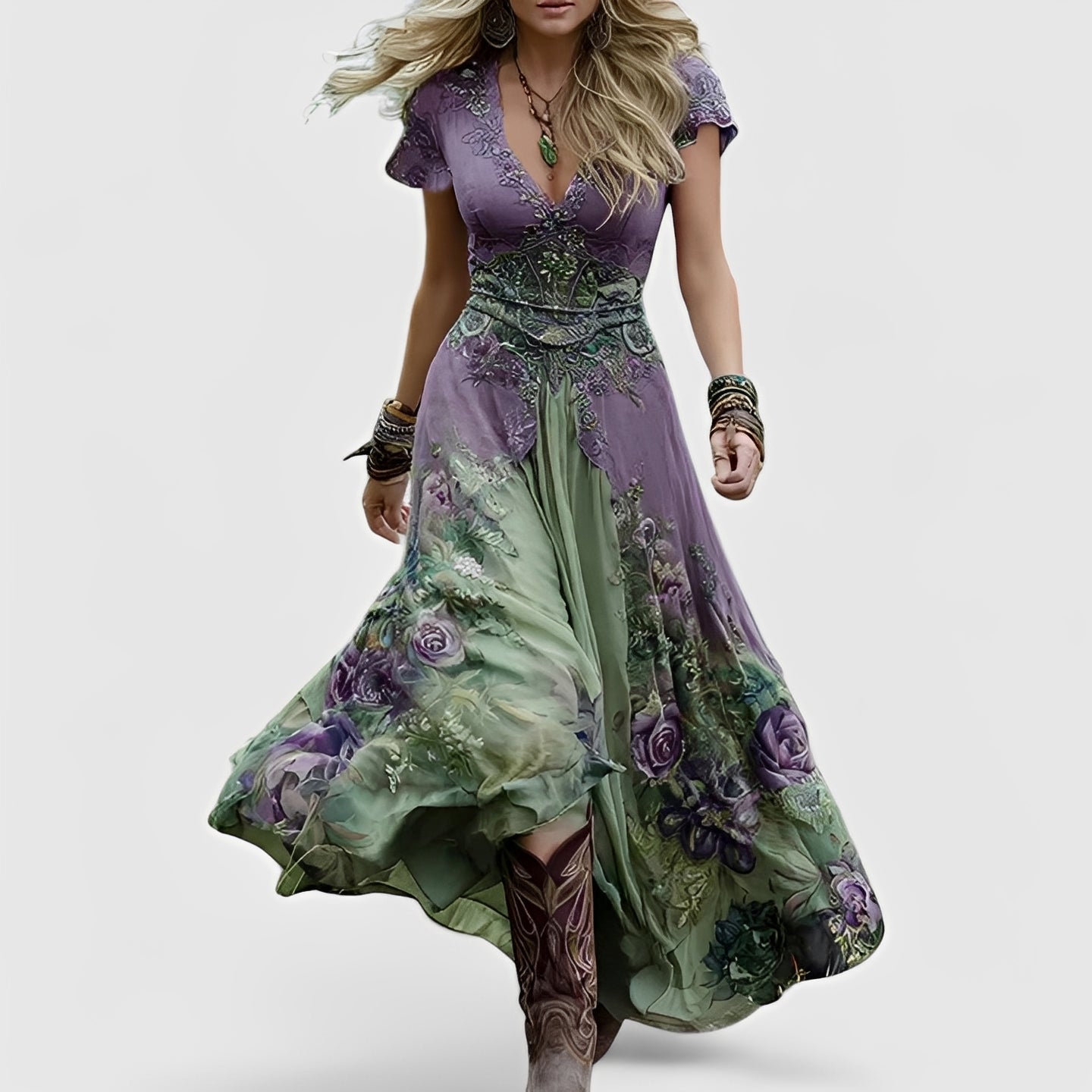 Elegante Damen Abendrobe V-Ausschnitt Stickerei - Norvielle