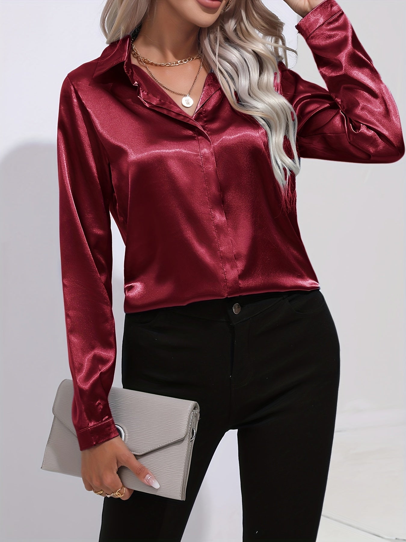 Damen Satinhemd Elegantes Langarmoberteil
