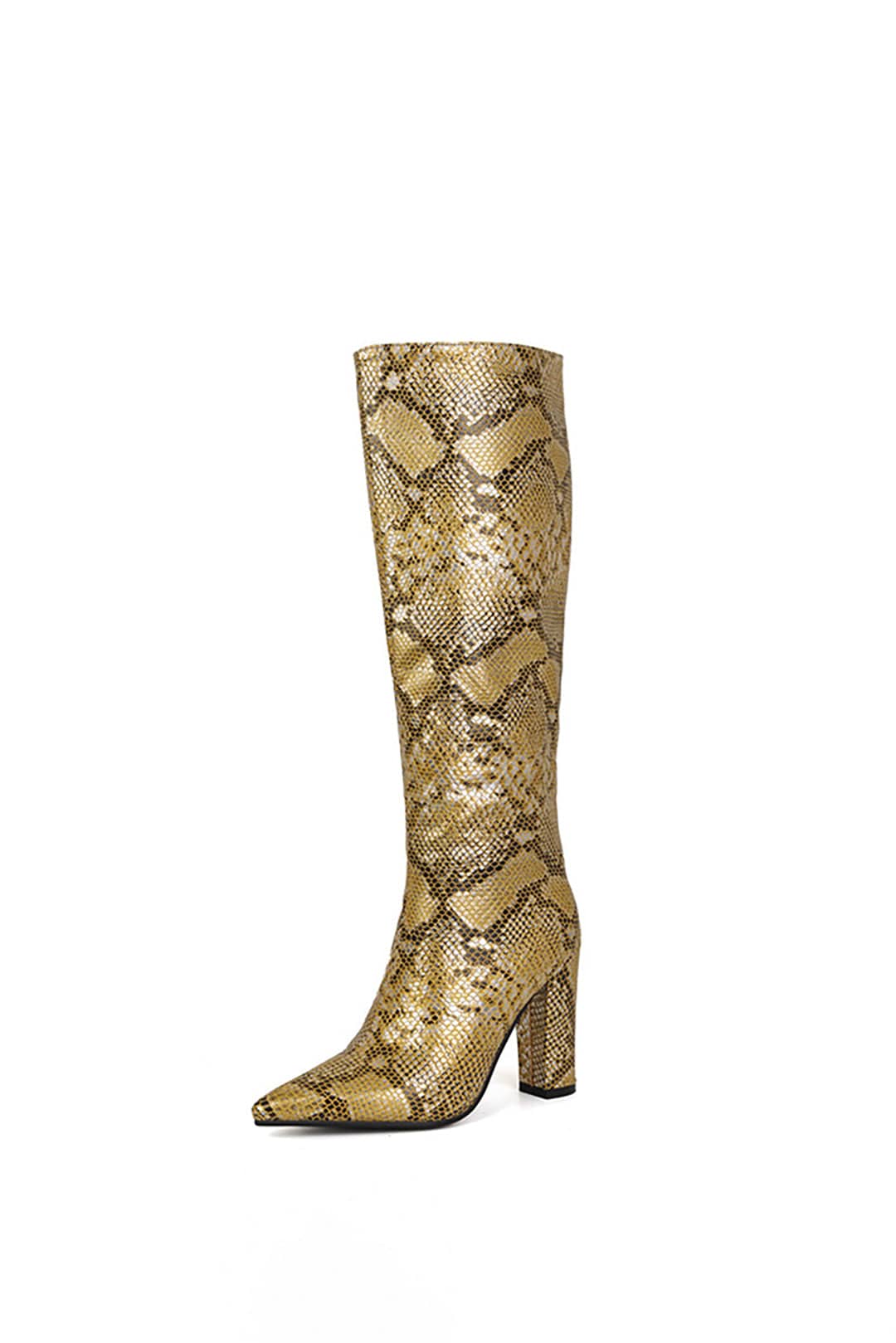 Damen Stiefel Schlangenlederoptik Elegant Gold