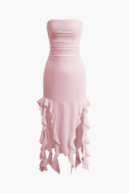 Damen Maxikleid Volant Rüschen Eleganz