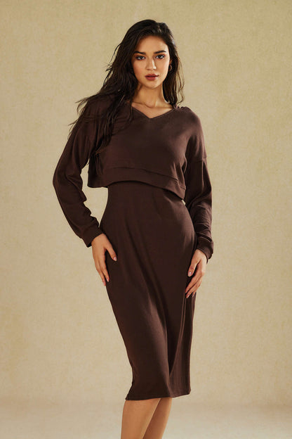 Damen Hoodie Midi Kleid Set Zweiteiler Lässig