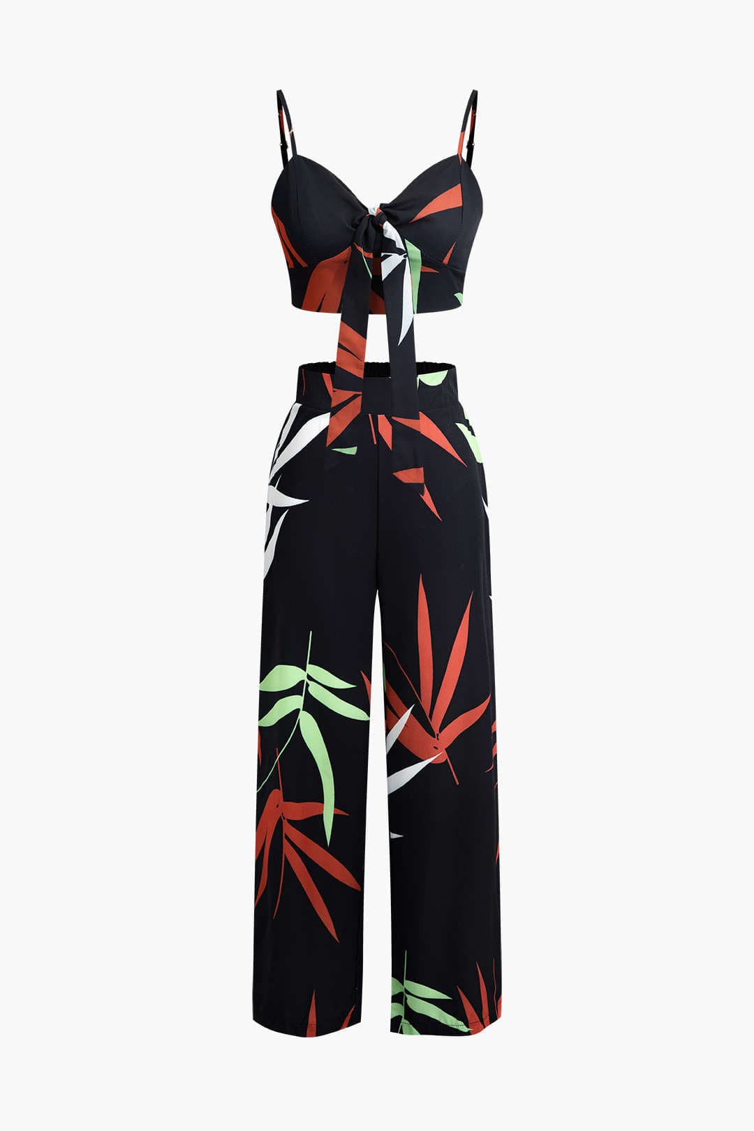 Damen Zweiteiler Baumwolle Knoten-Oberteil Bambus-Print-Hose