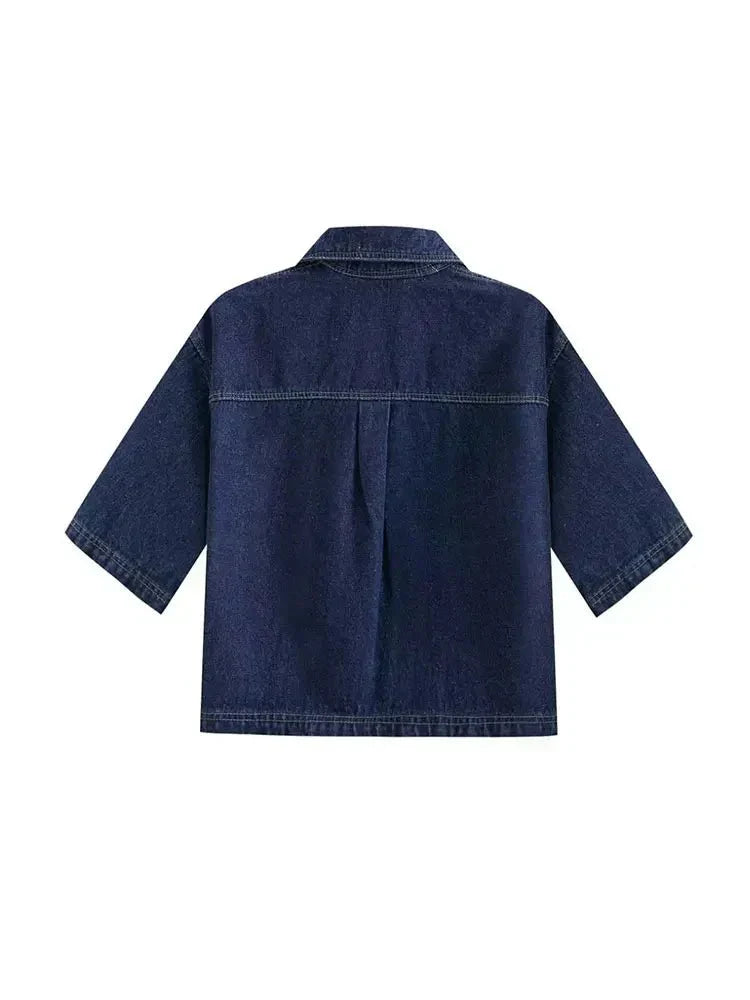 Damen Denim Jeansanzug Kurzarmjacke Blau