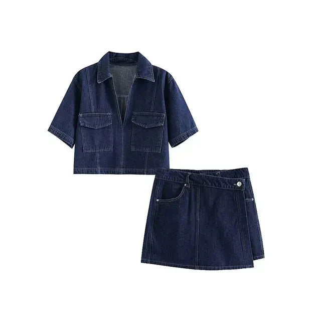 Damen Denim Jeansanzug Kurzarmjacke Blau