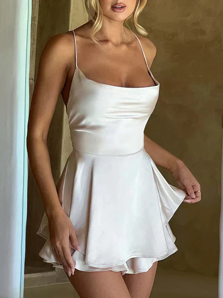 Damen Mini Kleid Satin Spaghetti Träger Sommer