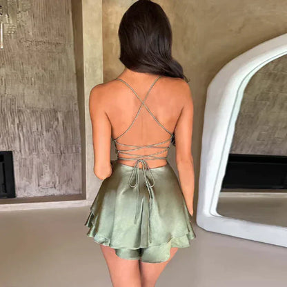 Damen Mini Kleid Satin Spaghetti Träger Sommer