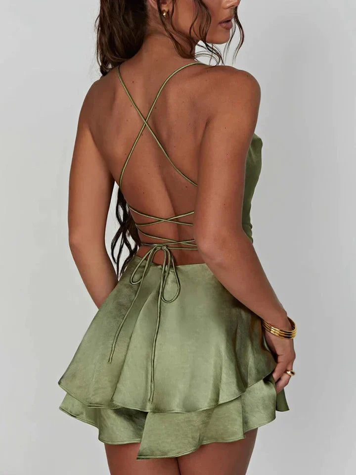 Damen Mini Kleid Satin Spaghetti Träger Sommer