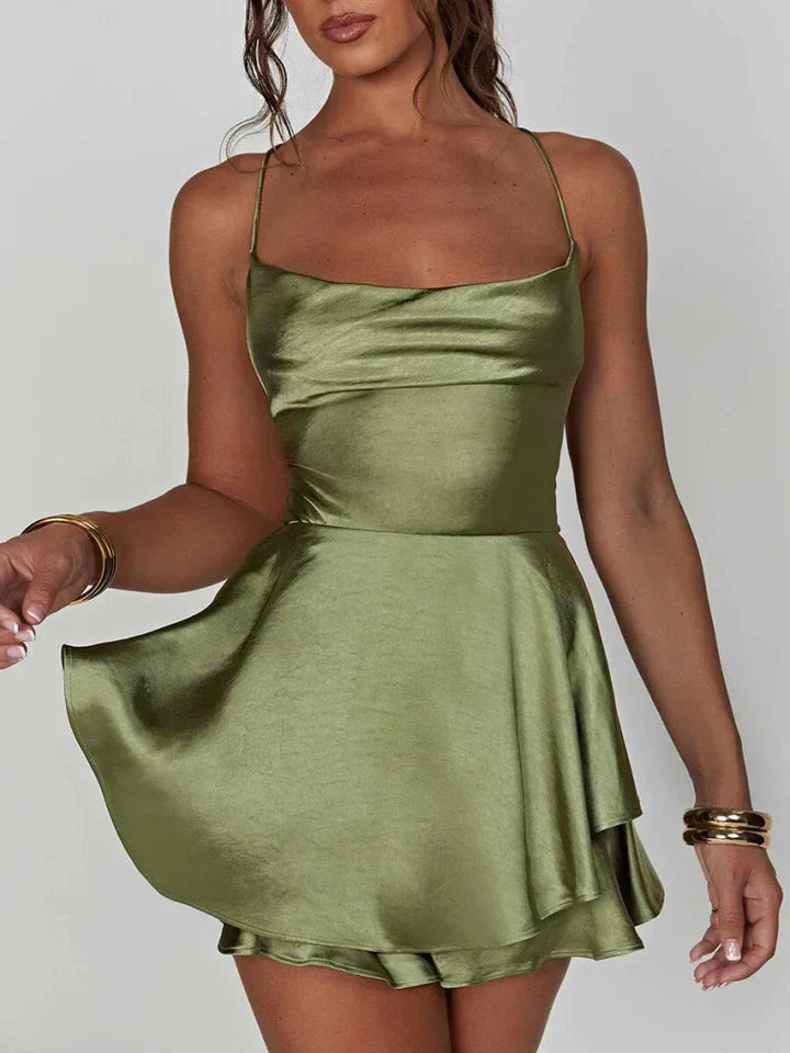 Damen Mini Kleid Satin Spaghetti Träger Sommer