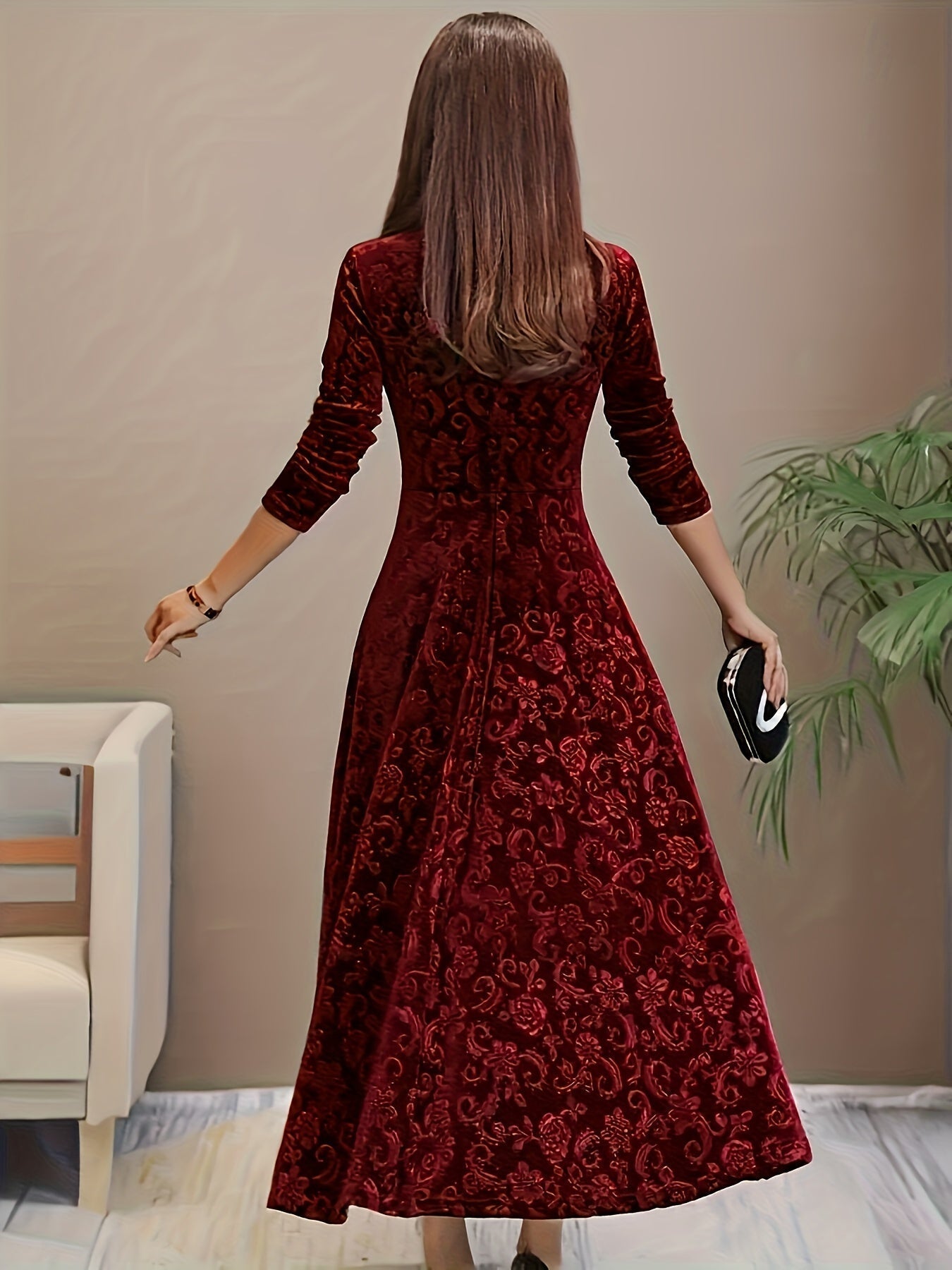 Damen Abendkleid Floral Samt Elegant