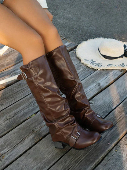 Damen Stiefel Hoch Schnallen Lederoptik Vegan