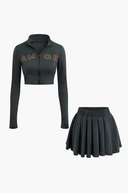 Damen Zweiteiler-Set mit Zip-Jacke und Plissee-Rock Sportlich