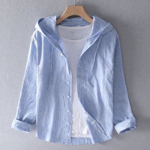Herren Leinenshirt Langarm Kapuze Bequem