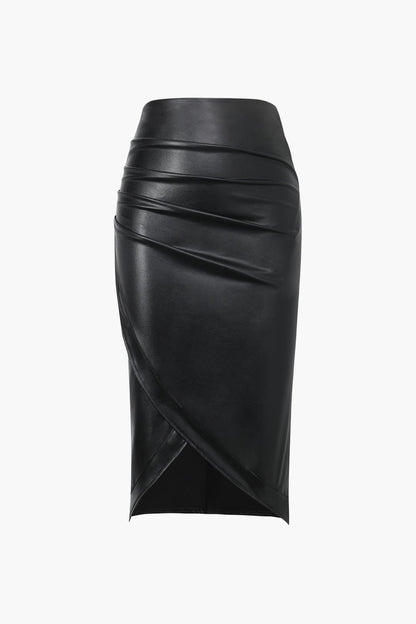 Damen Midirock Asymmetrisch Wickelrock Kunstleder