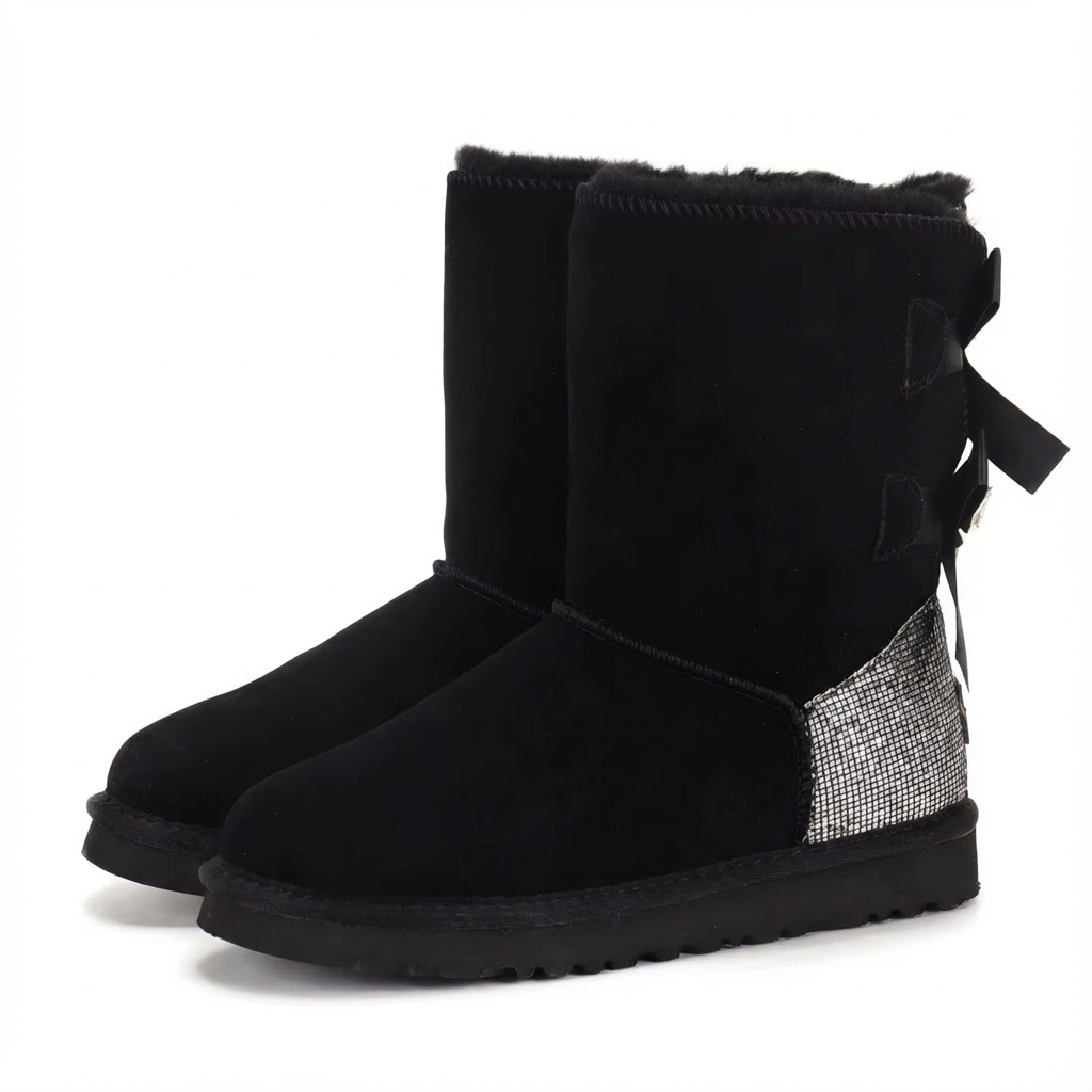 Damen Winterstiefel Wildleder Glitzer Schleife