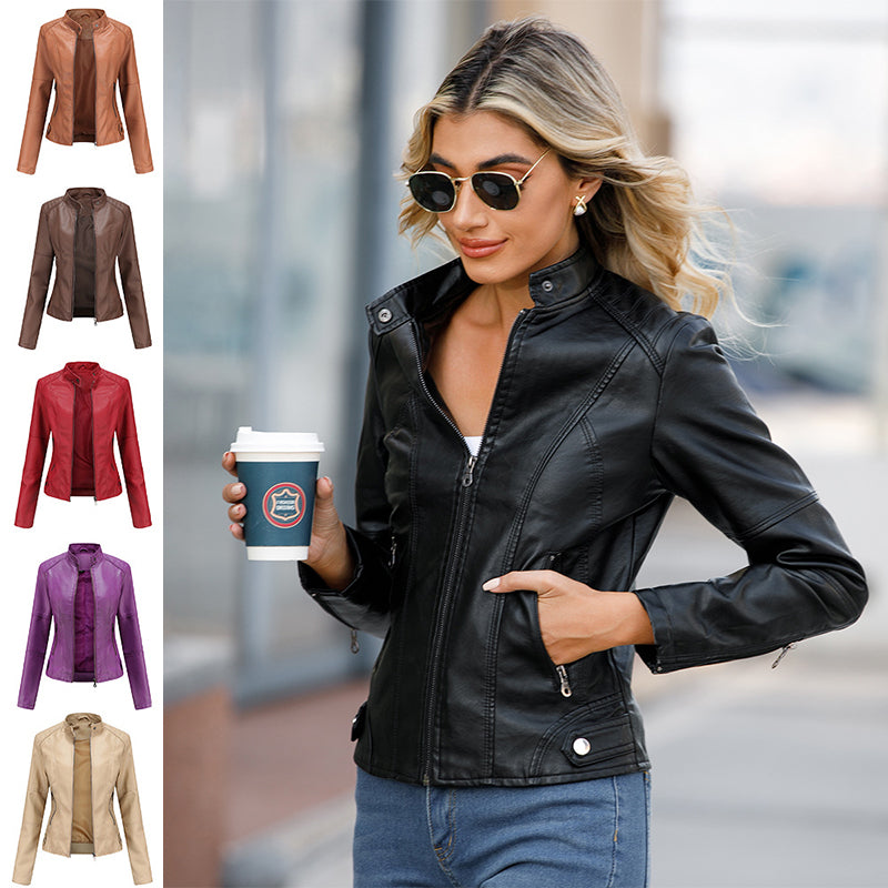 Damen Lederjacke Biker-Style Stehkragen