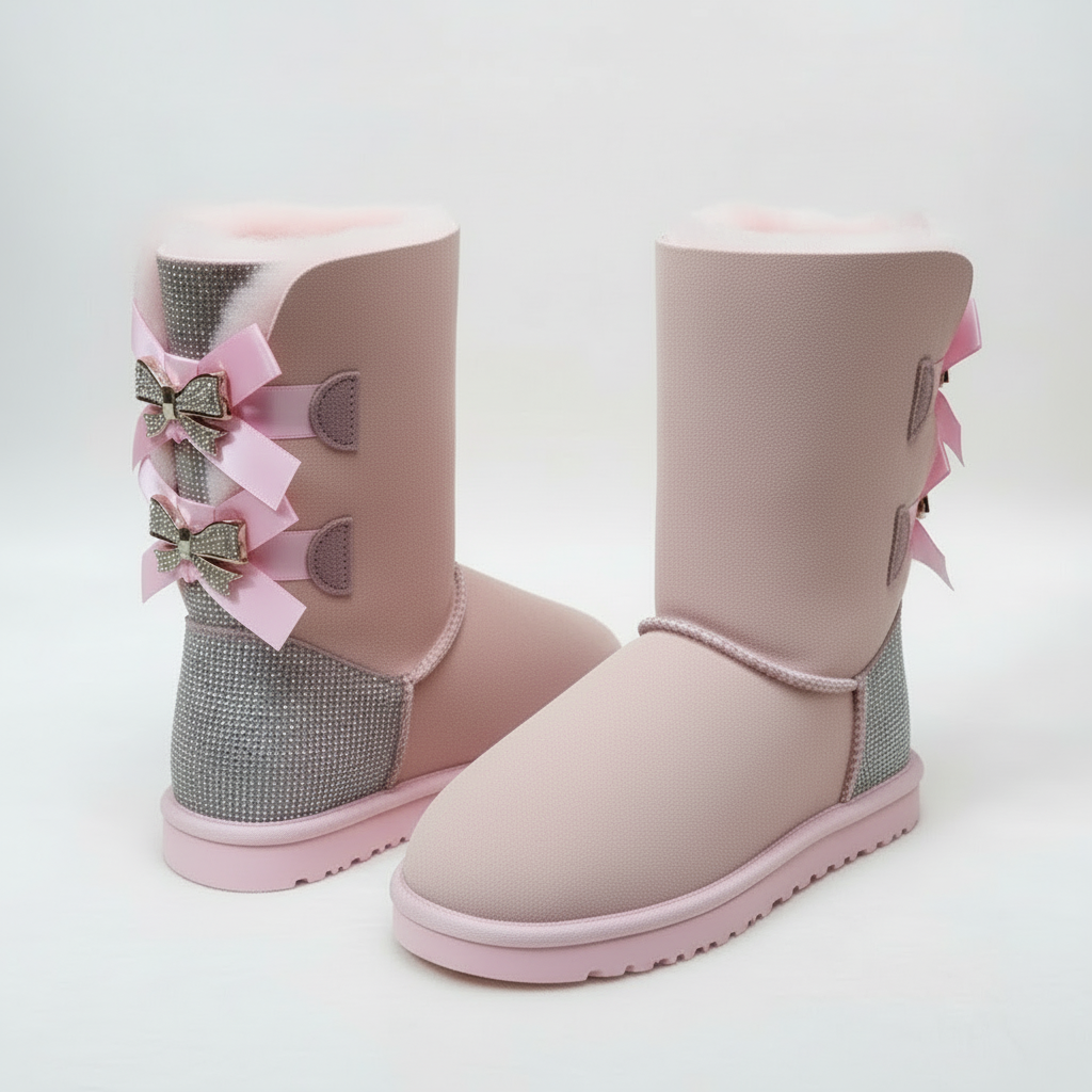 Damen Winterstiefel Wildleder Glitzer Schleife