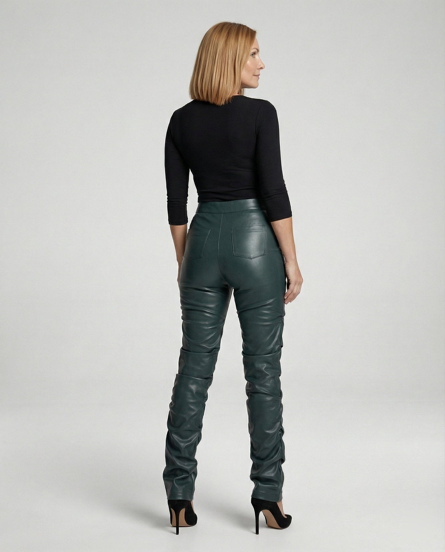 Damen High-Waist-Hose Kunstleder Weites Bein