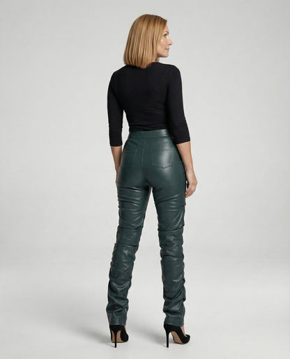 Damen High-Waist-Hose Kunstleder Weites Bein