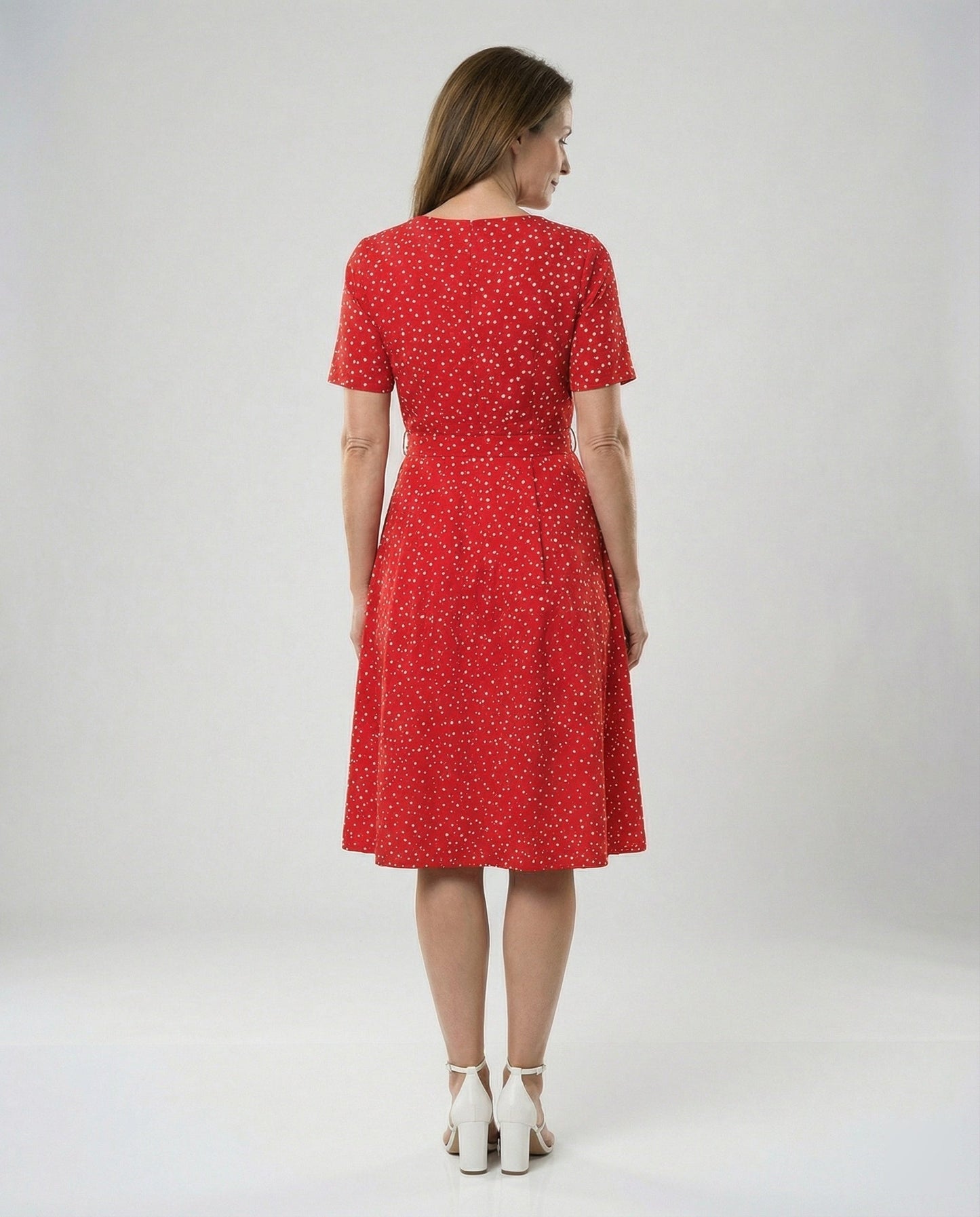 Damen Midi-Kleid mit Punkten und Taillengürtel Elegant