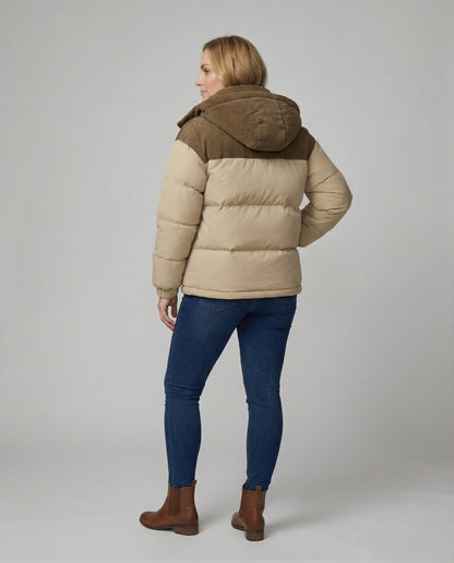 Modische Damen Kapuzenjacke Puffärmel Farbblock Design