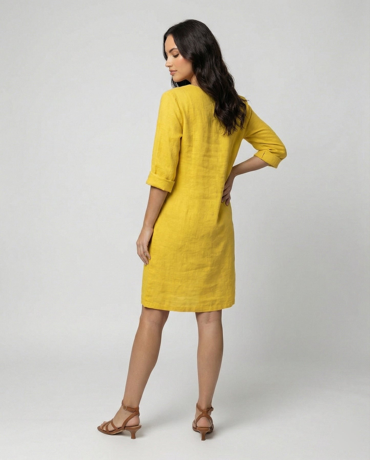 Damen Leinenkleid V-Ausschnitt Elegant