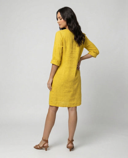 Damen Leinenkleid V-Ausschnitt Elegant
