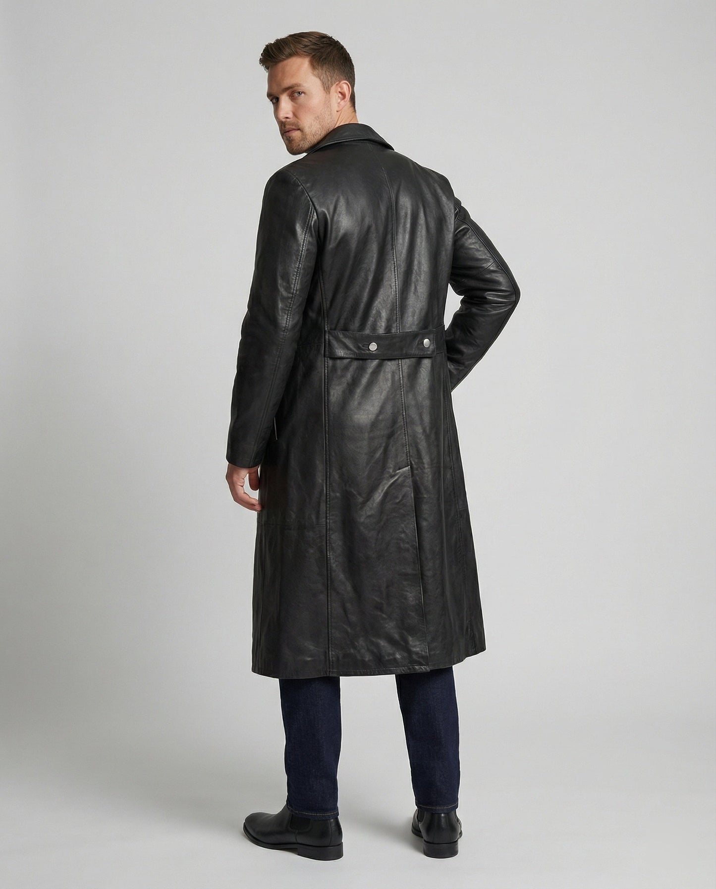 Herren Ledermantel Lang Knöpfe Elegant