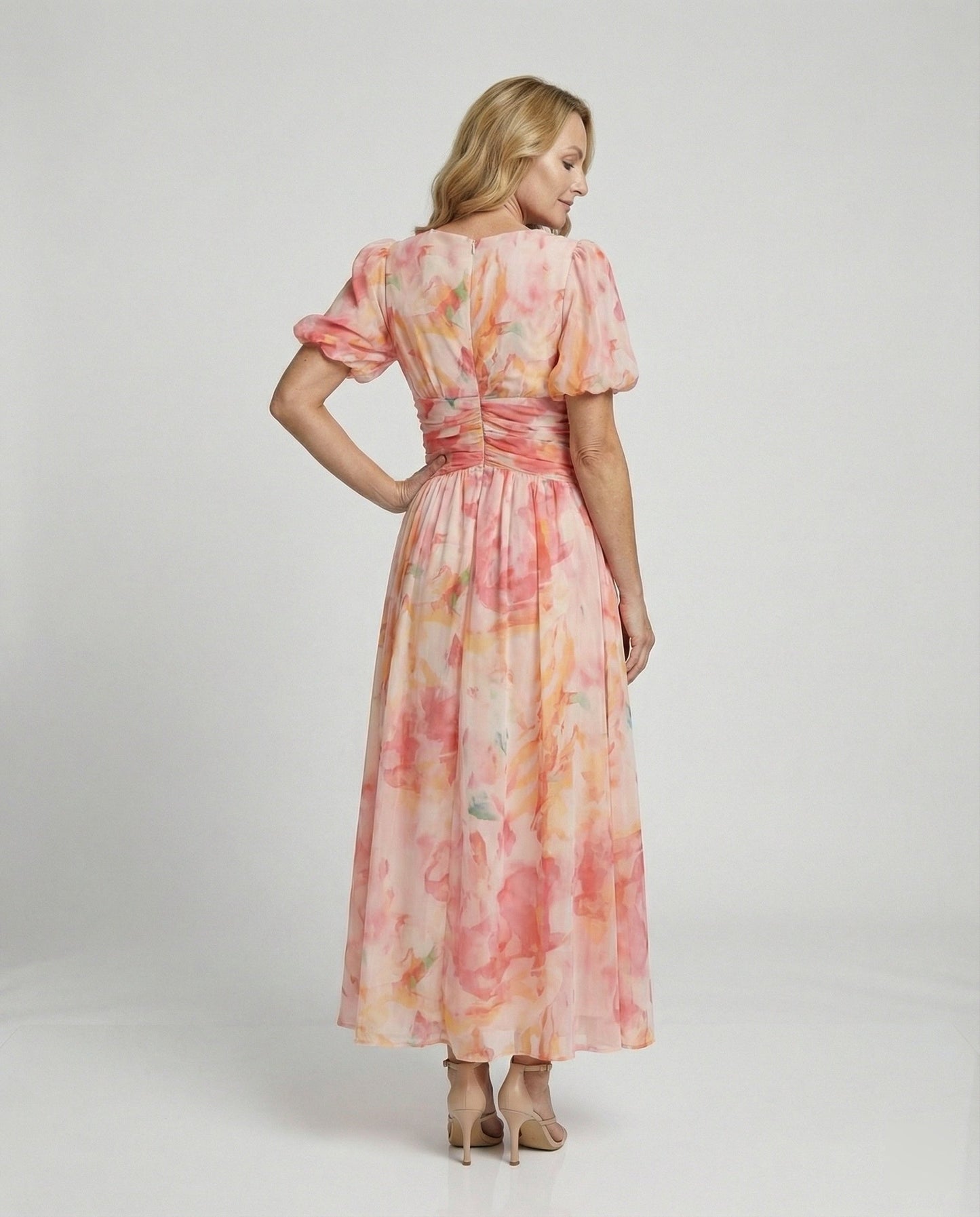 Damen Wickelkleid Lang mit Puffärmeln Maxikleid