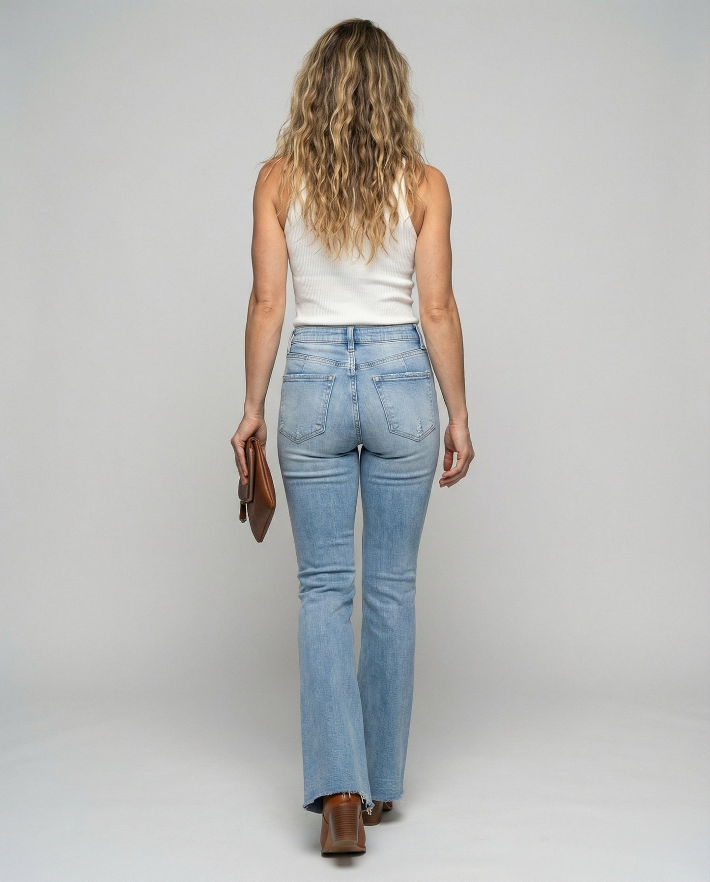 Damen Highwaist Flare Jeans Fransen Saum