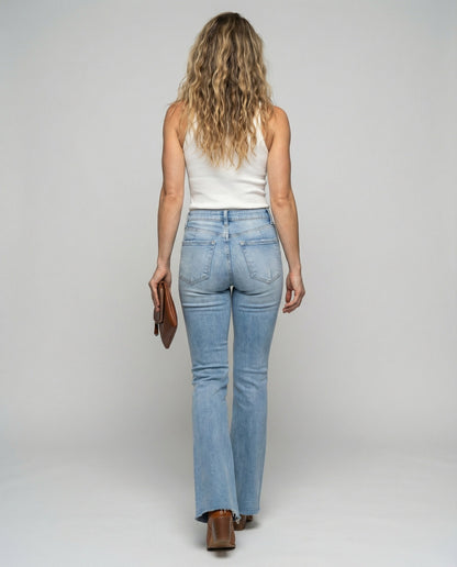 Damen Highwaist Flare Jeans Fransen Saum