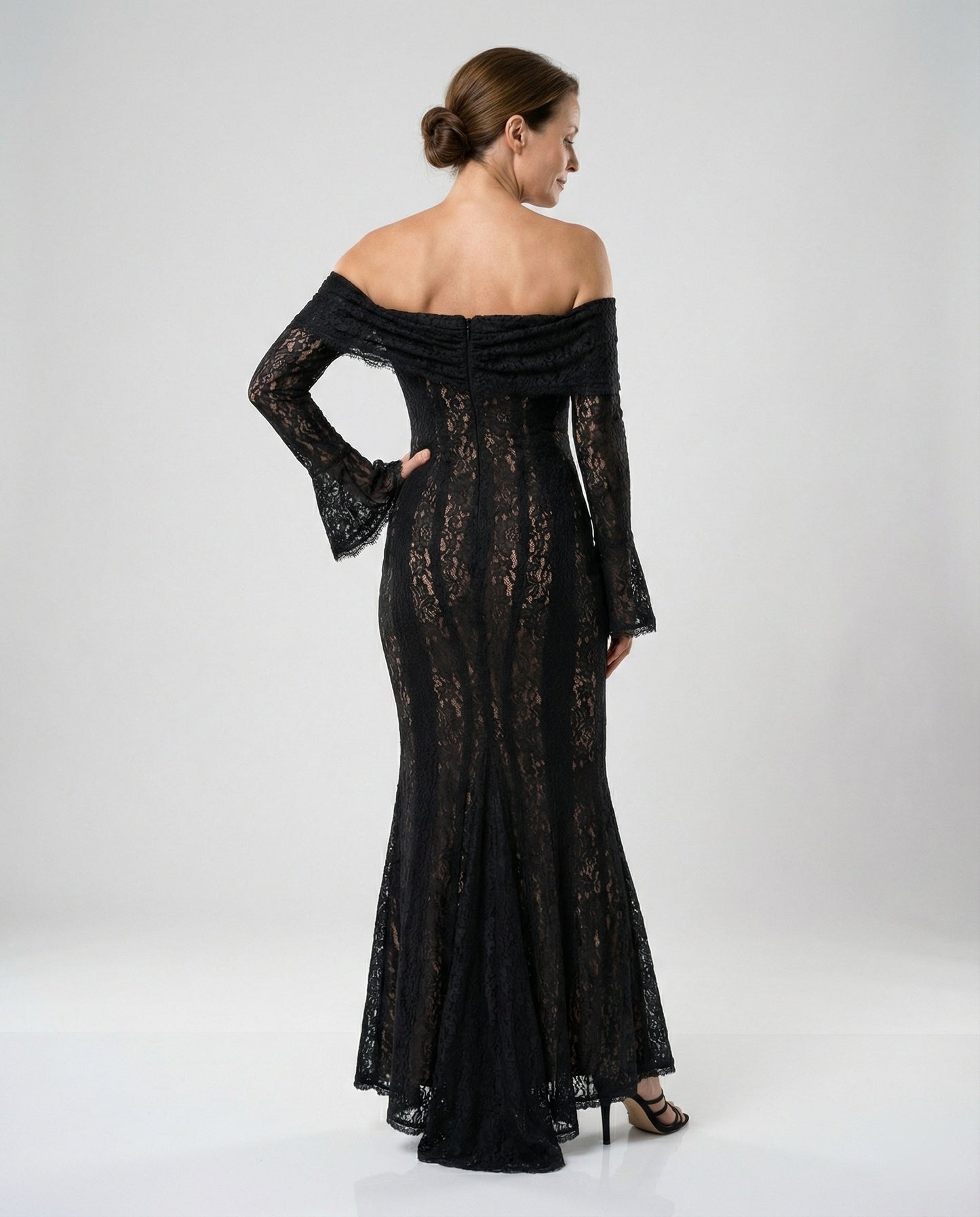 Elegantes Damen Abendkleid Langarm Spitze Off-Shoulder