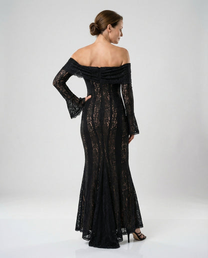 Elegantes Damen Abendkleid Langarm Spitze Off-Shoulder
