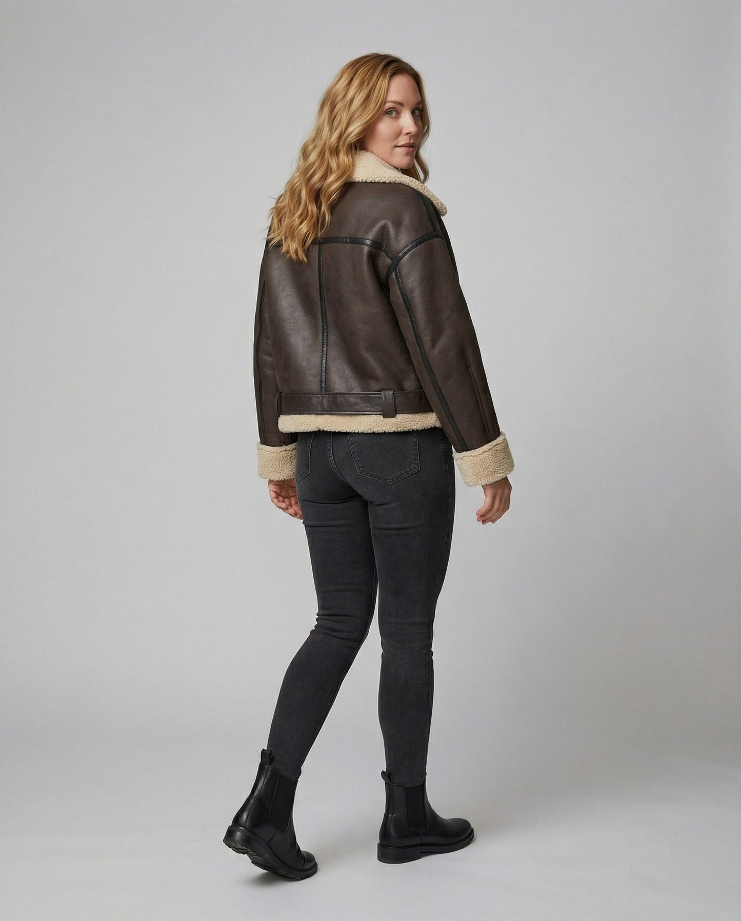 Damen Lederjacke Lang Teddyfutter Gürtel