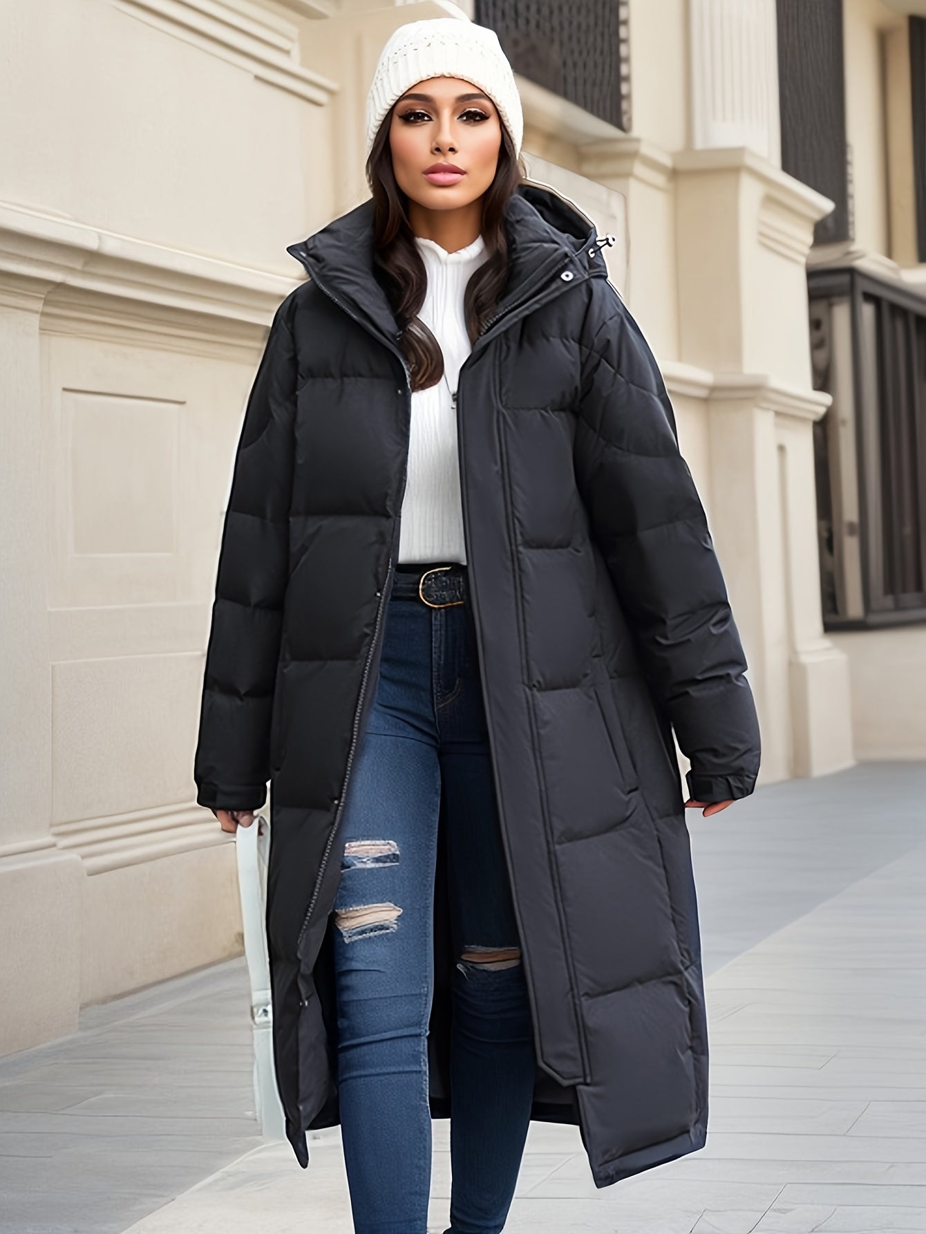 Damen Wintermantel Lang Pufferjacke Warm Kapuze