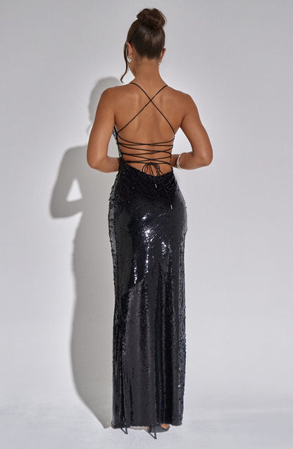 es Damen Paillettenkleid Mit Beinschlitz Spaghettiträgern