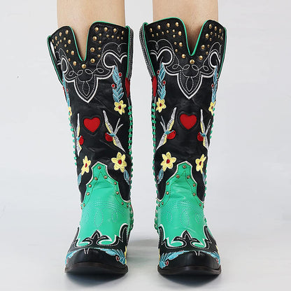 Damen Stiefel Cowboy Blumenmuster Elegant Leder