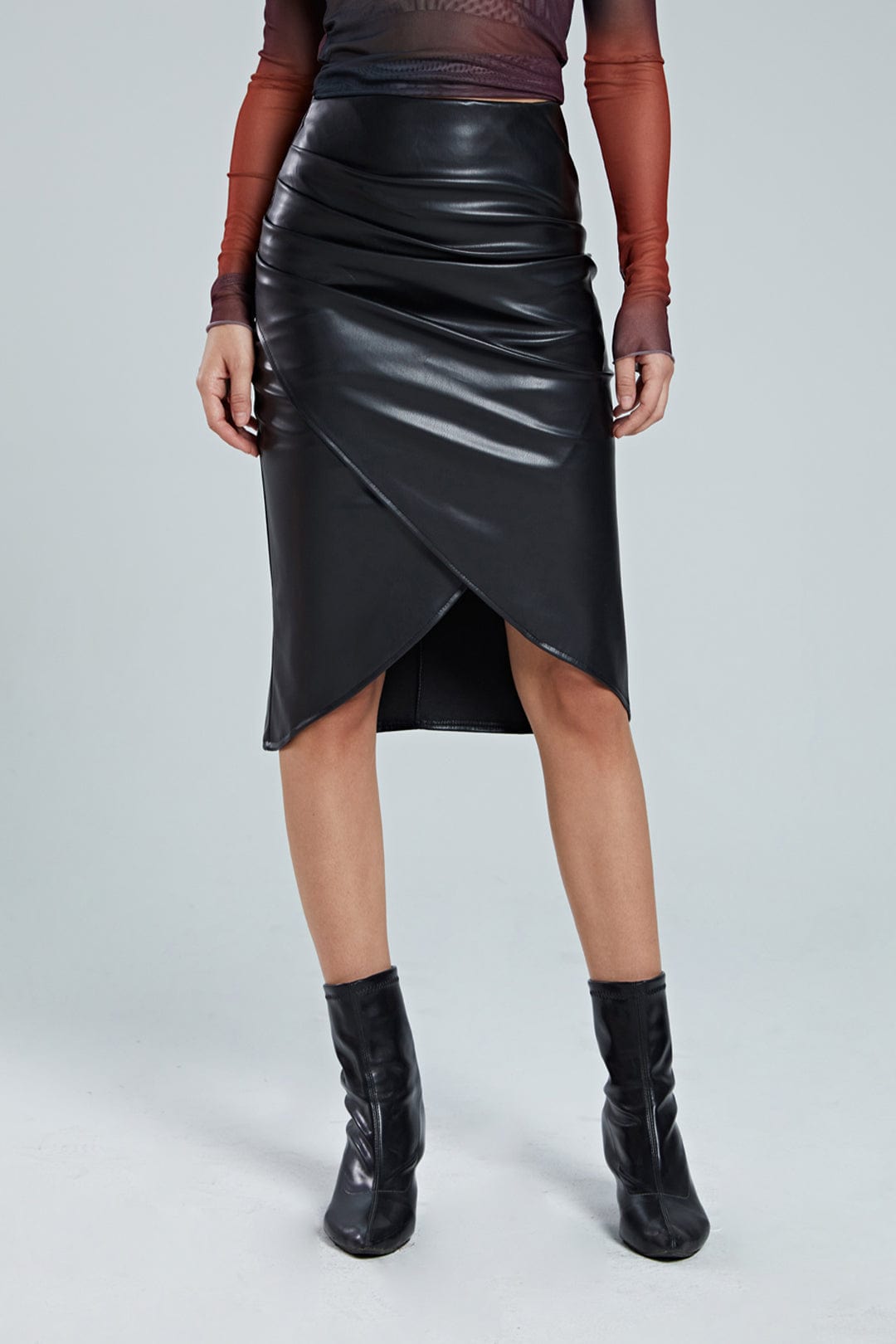 Damen Midirock Asymmetrisch Wickelrock Kunstleder
