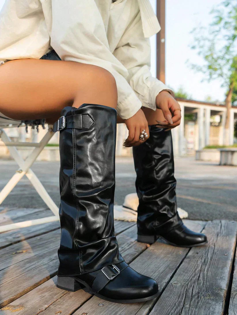 Damen Stiefel Hoch Schnallen Lederoptik Vegan