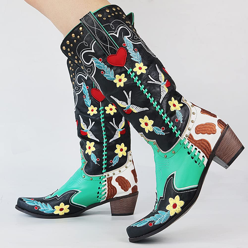 Damen Stiefel Cowboy Blumenmuster Elegant Leder Schwarz - Norvielle