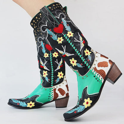 Damen Stiefel Cowboy Blumenmuster Elegant Leder Schwarz - Norvielle