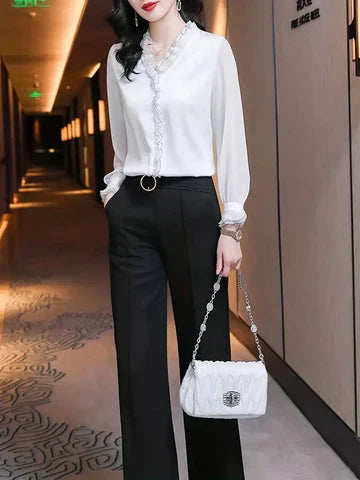 Damen Bluse Langarm Rüschen