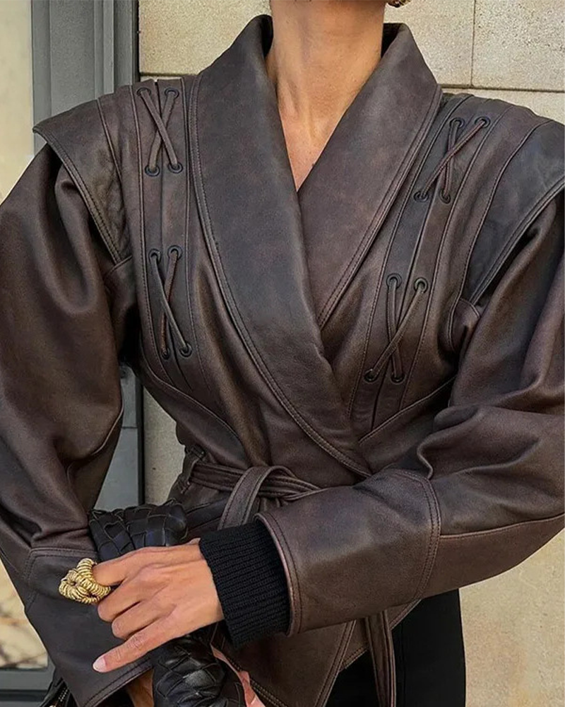 Damen Lederjacke Lange Ärmel Schwarz - Norvielle
