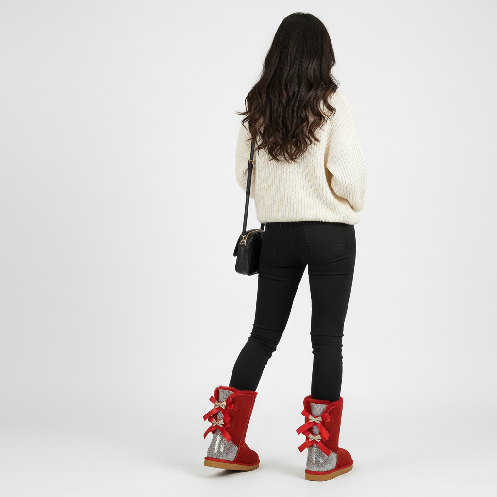 Damen Winterstiefel Wildleder Glitzer Schleife